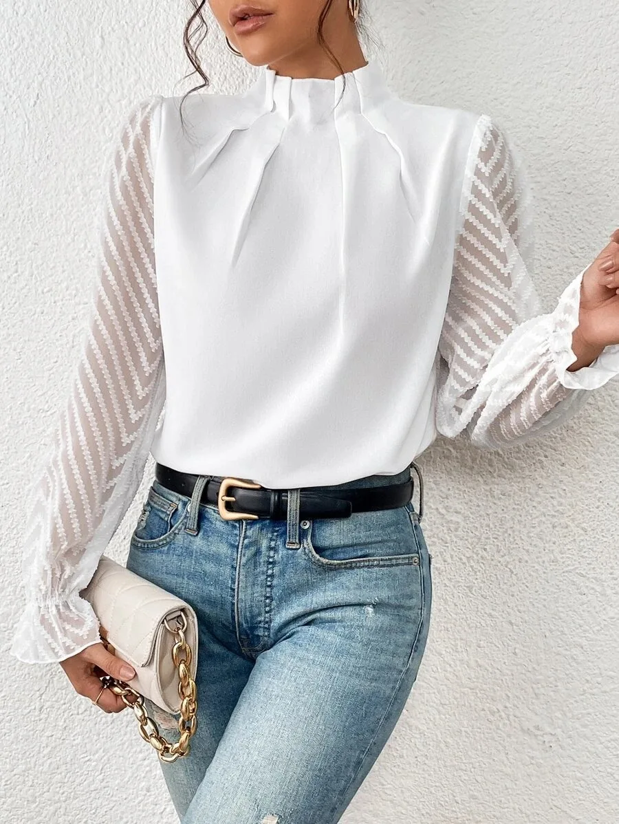 Elegant Women\'s Shirt Office Lady Blouse 2023 Autumn Half High Collar Panel Wave Chiffon Long Sleeve Top Women\'s Shirt S-XXL