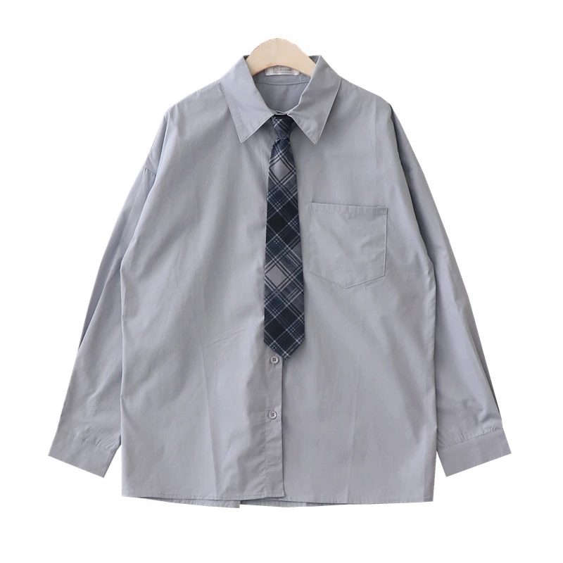 

Корейская рубашка в стиле ретро, свободный серый, синий осенний топ из чистого хлопка для колледжа