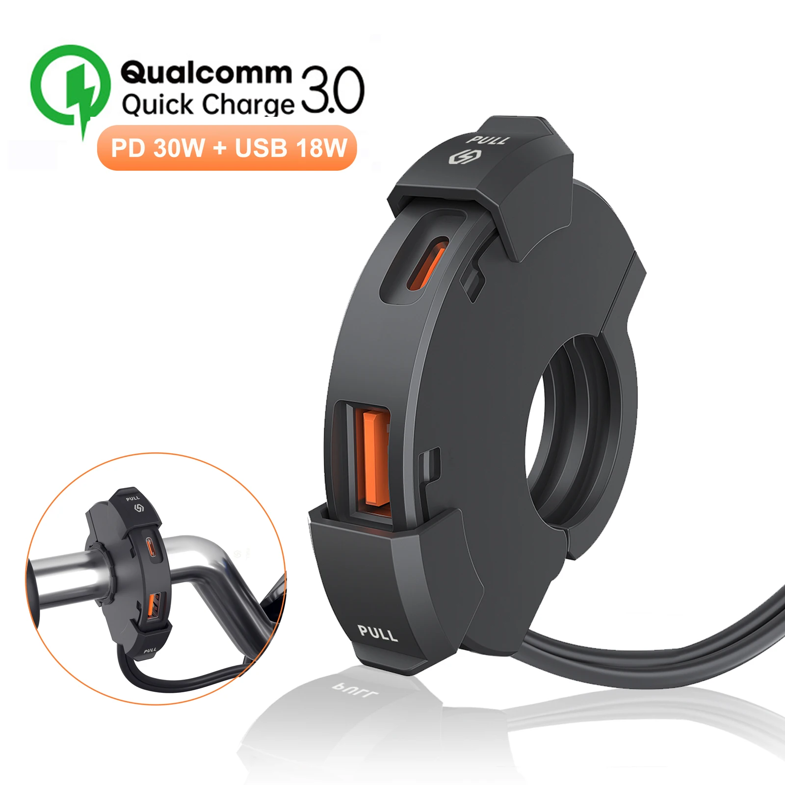 QC3.0 Motorcycle USB Fast Charger 30W Type C Port Socket Waterproof Handlebar Mounting Bracket Phone Charger For Bike Moto