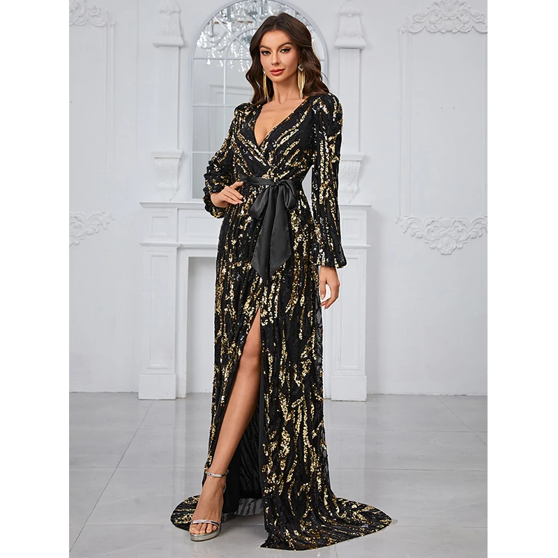 Women Elegant Lantern Sleeve V Neck Split Black Gold Sequined Evening Party Cocktail Long Maxi Mermaid dresses