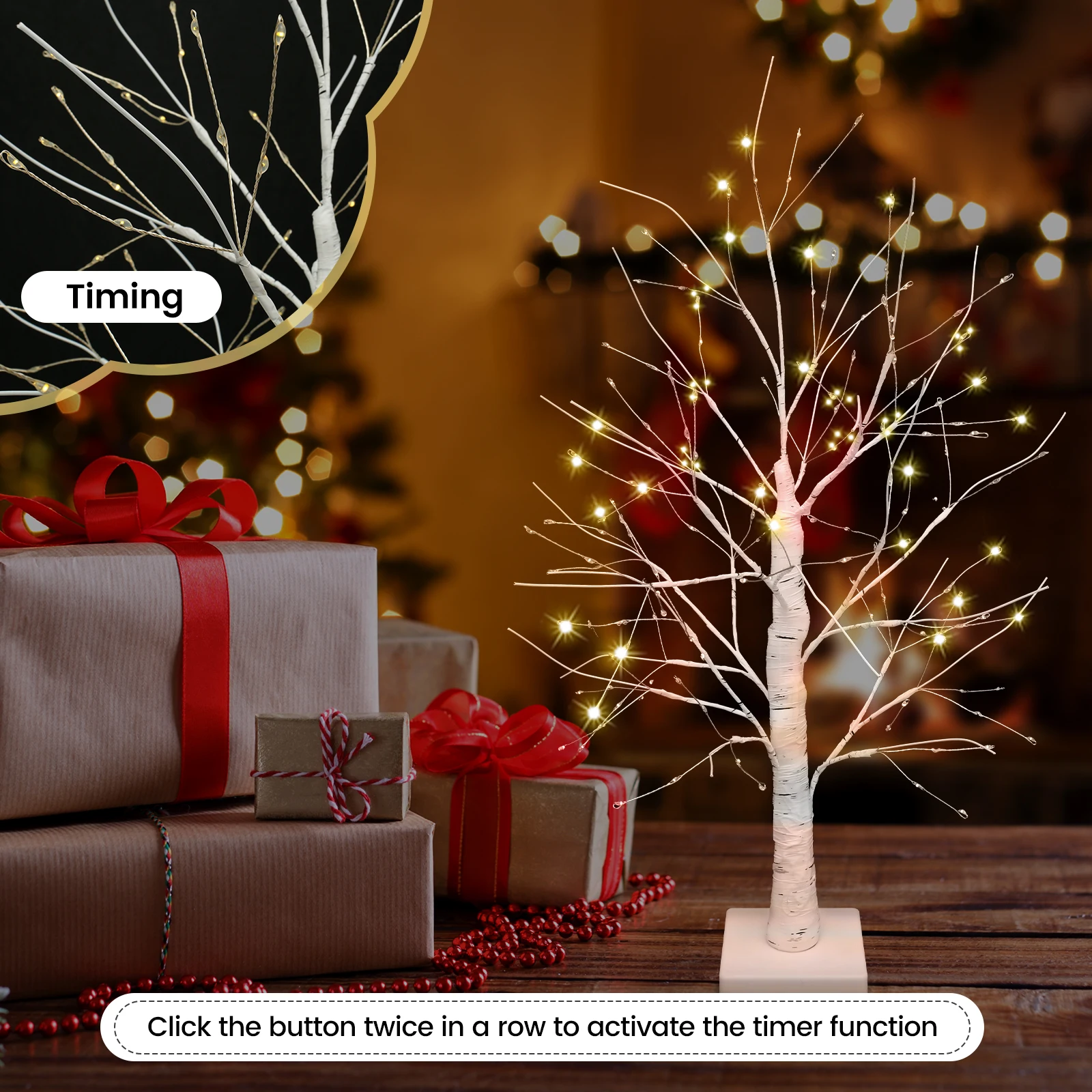 LED Birch Tree Light 144 LED Artificial Tree Lamp with Timer 24inch USB/Battery Operated Tabletop Birch Tree Light Decorative