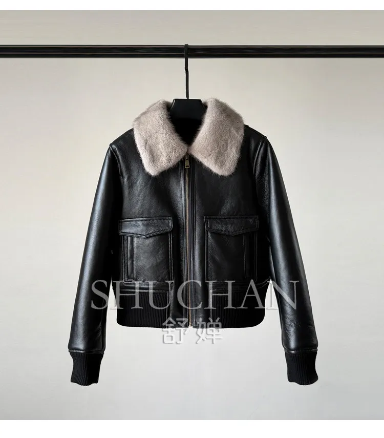 Fur Integrated Jacket Women's Short Mink Fur Collar Leather Lamb Wool Locomotive Fur Casacos De Inverno Feminino Frete Grátis