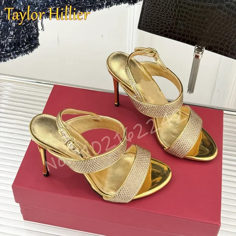 

Gold Rhinestone High Heels Round Toe Stiletto Buckle Strap Luxury Sandals Elegant Party Gladiator Dress High Heels Women Summer