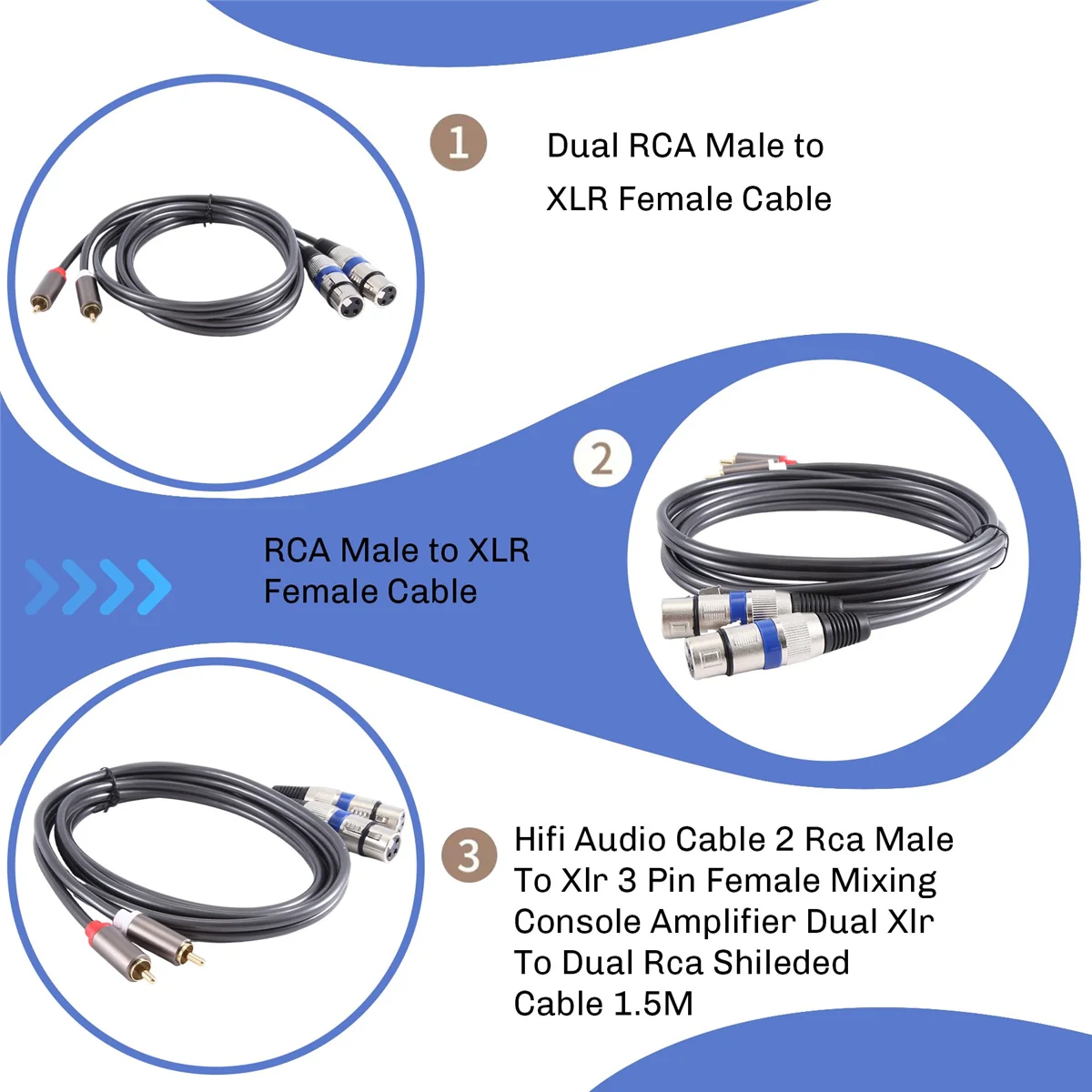 Cable de Audio Hifi 2 Rca macho a Xlr amplificador de consola mezcladora hembra de 3 pines Xlr Dual a Cable Shileded Rca Dual 1,5 M