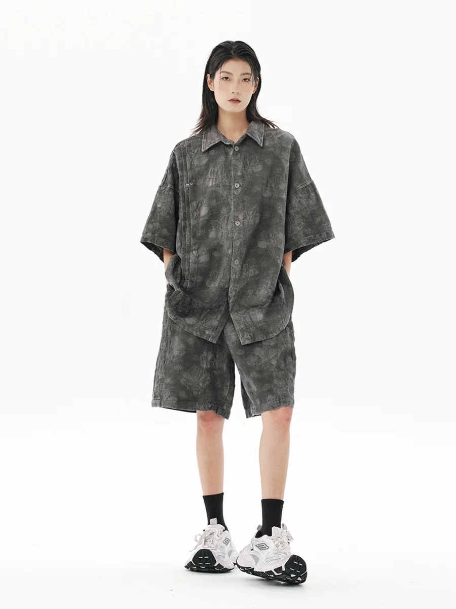 

Bla Earthquake Evil Flower Vol2 Linen Blend Mud Dye Yeast Wa ort Sve irt orts Set Street Sle Loose Fit