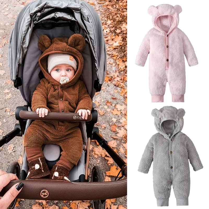 

Toddler Boy Romper Cartoon Bear Baby Girl Jumpsuit Winter Thicken Long Sleeve Hooded Infant Clothes Tracksuit Outfit Child A673