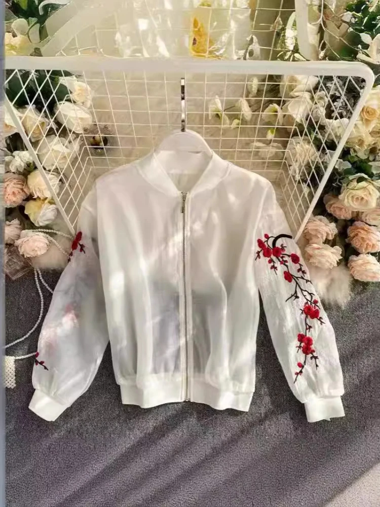 Women Vintage Elegant Loose Casual Embroidery Sunscreen Top Spring/Summer Round Neck Lantern Sleeves Zipper Mesh Coat