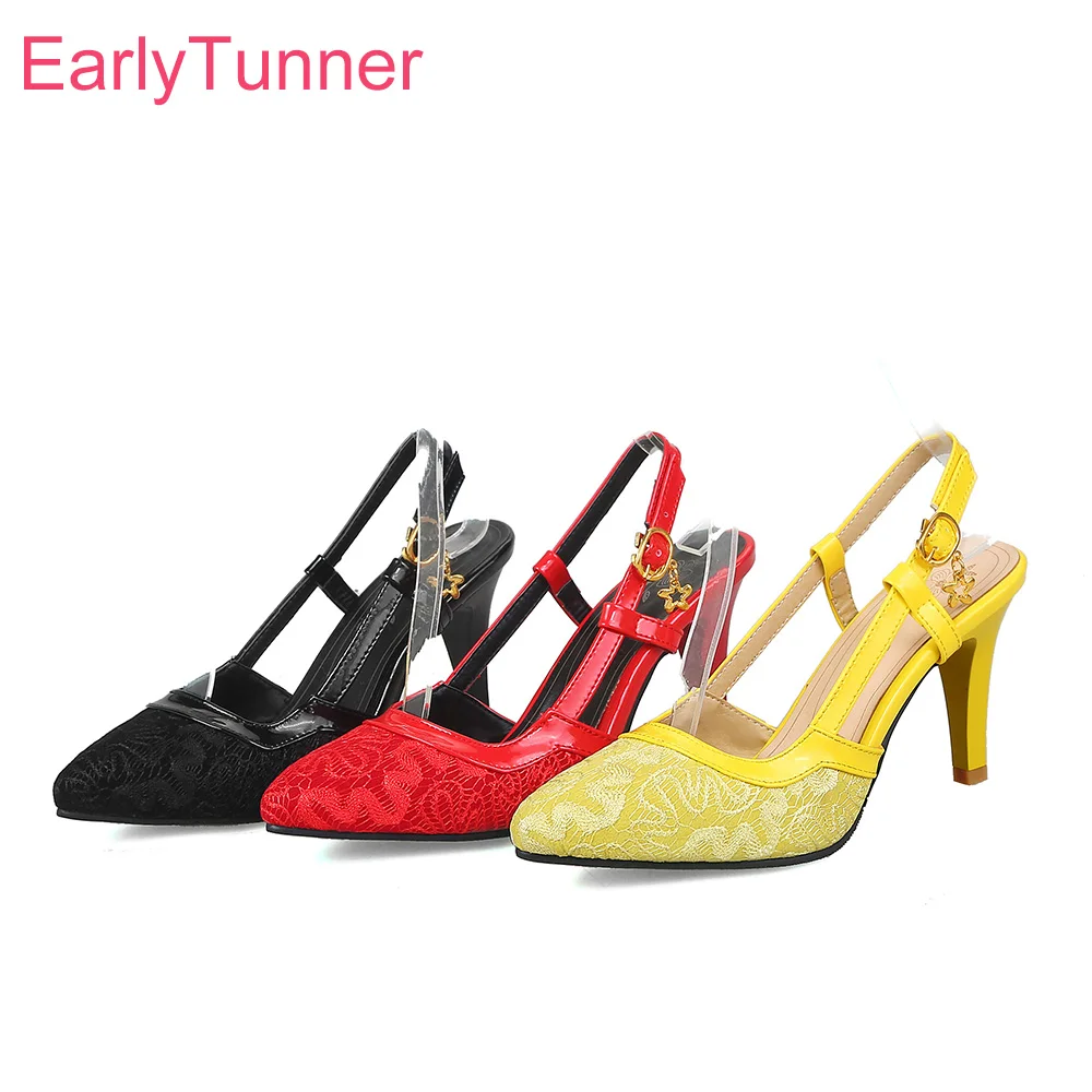 Brand New Summer Elegant Lace Red Yellow Women Sandals Lady Dress Shoes Stiletto Heel EY28 Plus Big Size 32 45 48 10 12