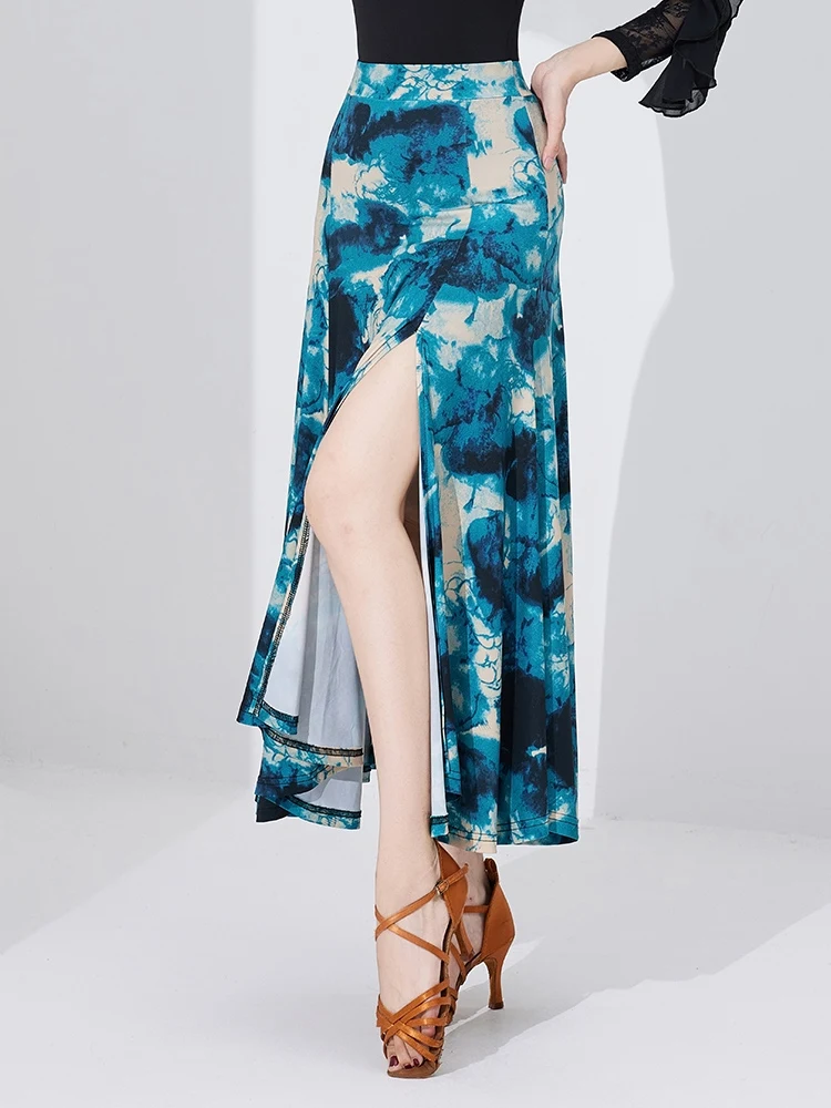 Modern Dance Rock Frauen Drucken Hohe Schlitz Nationalen Standard Tanz Praxis Kleidung Rock Ballroom Dance Performance Tragen DQL11641