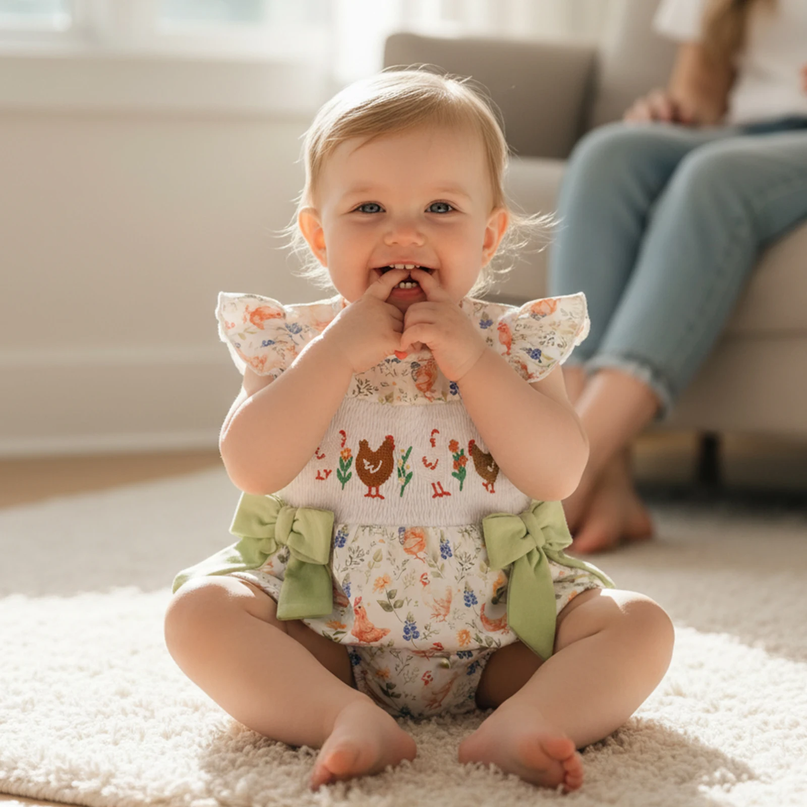 

Модный комбинезон для девочек с принтом курицы, рукавами-крылышками и оборками