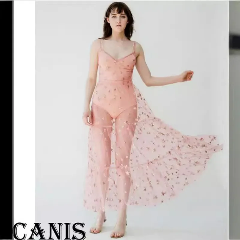 Sterrenprint Strand Enkellange Spaghetti Jurk Vrouwen Zomer Mouwloze V-hals Vestidos Vrouwelijke Kant Mesh Shirring Jurken
