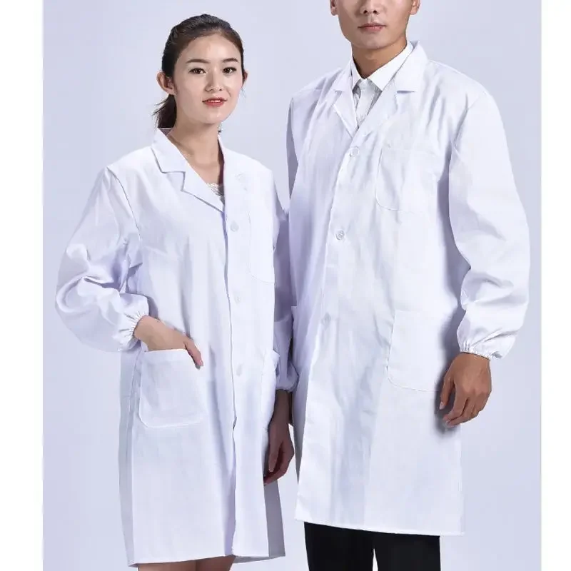 Women Men Unisex Long Sleeve White Lab Coat Notched Lapel Collar Button Down Medical Nurse Doctor Uniform Tunic Blouse w/ Pocket