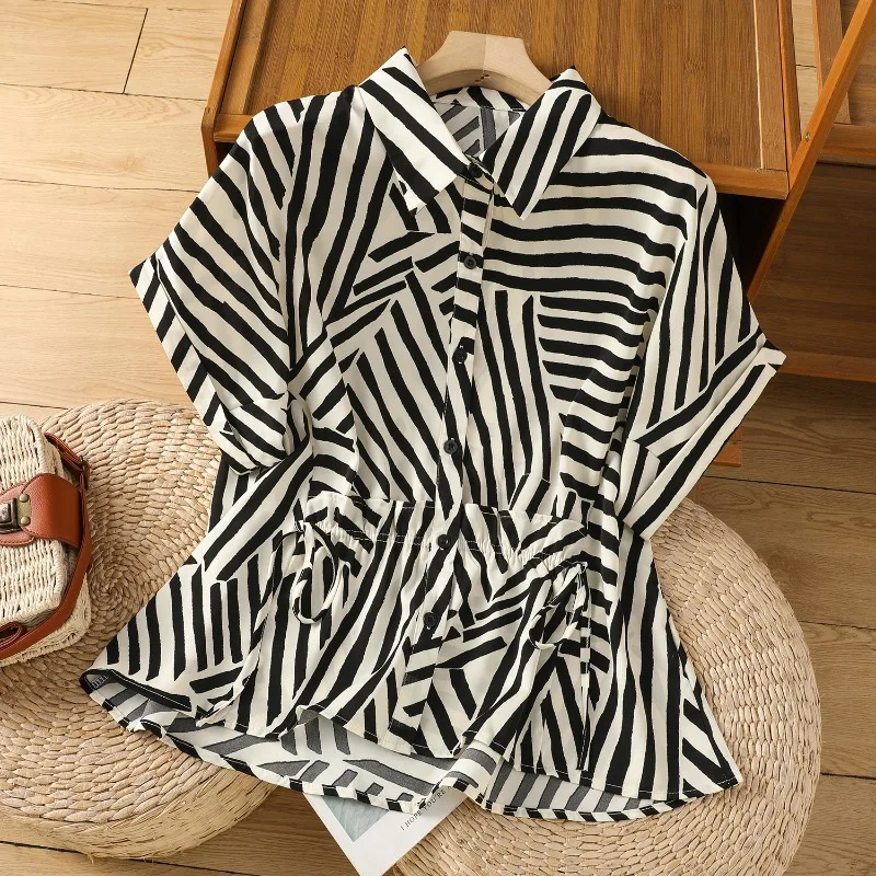 Blusas femininas estilo chinês listradas camisas vintage moda solta roupas de verão manga curta algodão linho feminino topos