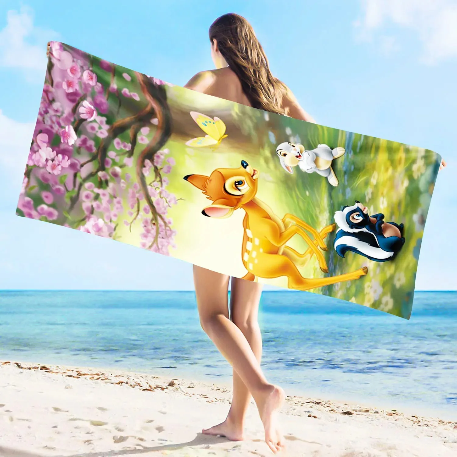 Bambi Printed Cartoon Shower Large Microfiber Beach Towel for Women, Travel Picnic Pool, Cute Bathroom quick dry Towel for adult