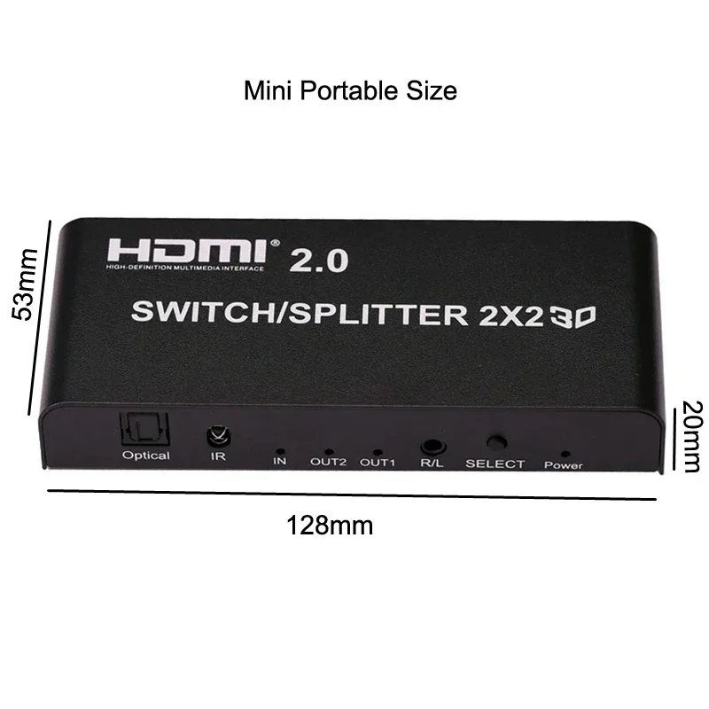 HDMI 2.0 2x2 Switch Splitter 3D Video Converter Dual Display Adapter 4K 60Hz w/ Optical Audio for Camera Laptop PC To TV Monitor