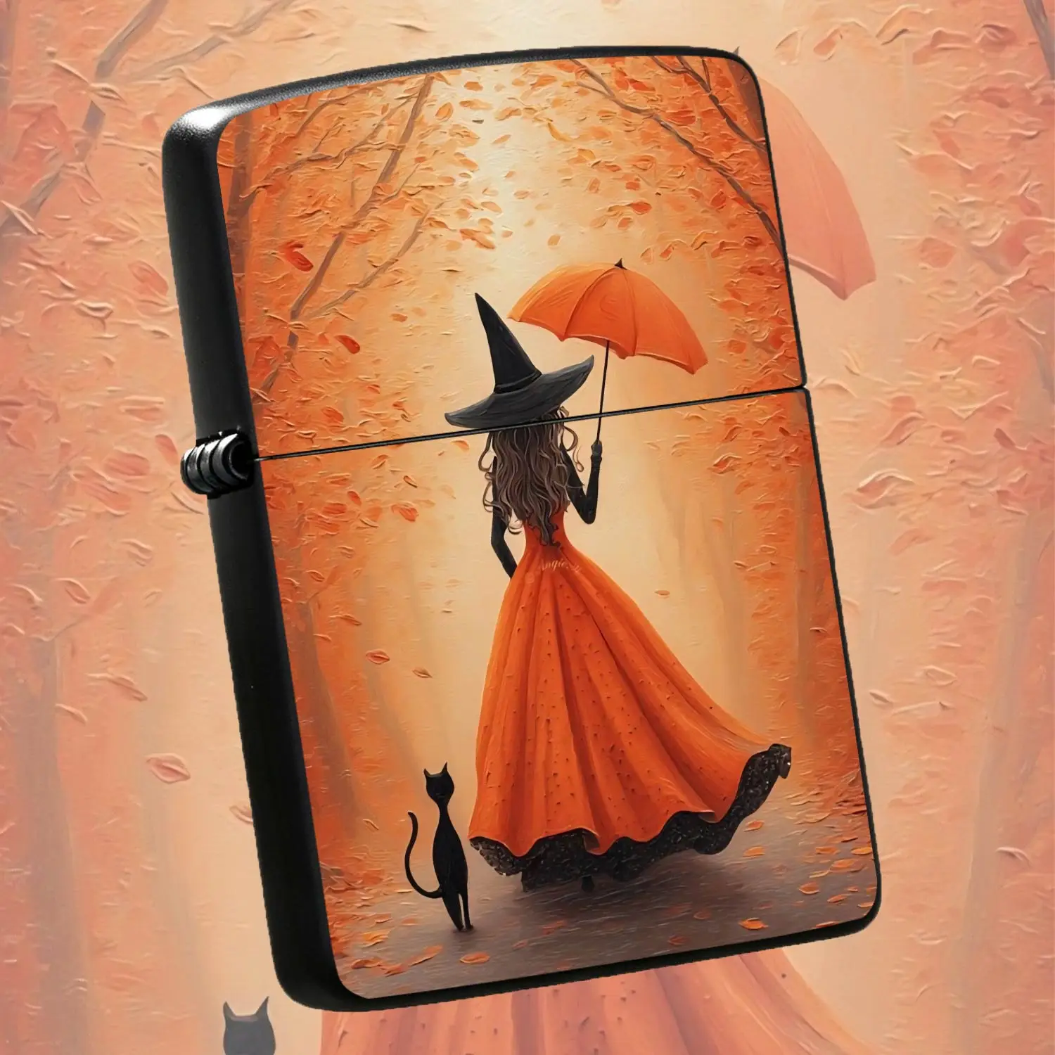 Vintage Autumn WitchDecor Lighter, Atmospheric Orange Tone Fall Forest Stroll Creative Portable Daily Use Igniter, Artistic Illustrated Stylish Practical Holiday Gifting Item, Versatile Fancy Sma A Humorous And Interesting Lighter
