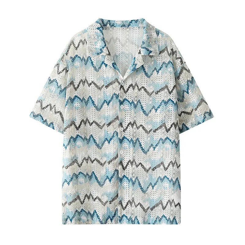 Men's Short Sleeve Shirts Summer Fashion Lightweight Breathable Hawaiian Wave Hollow Out Casual Tops Beach Vacation Daily Outing