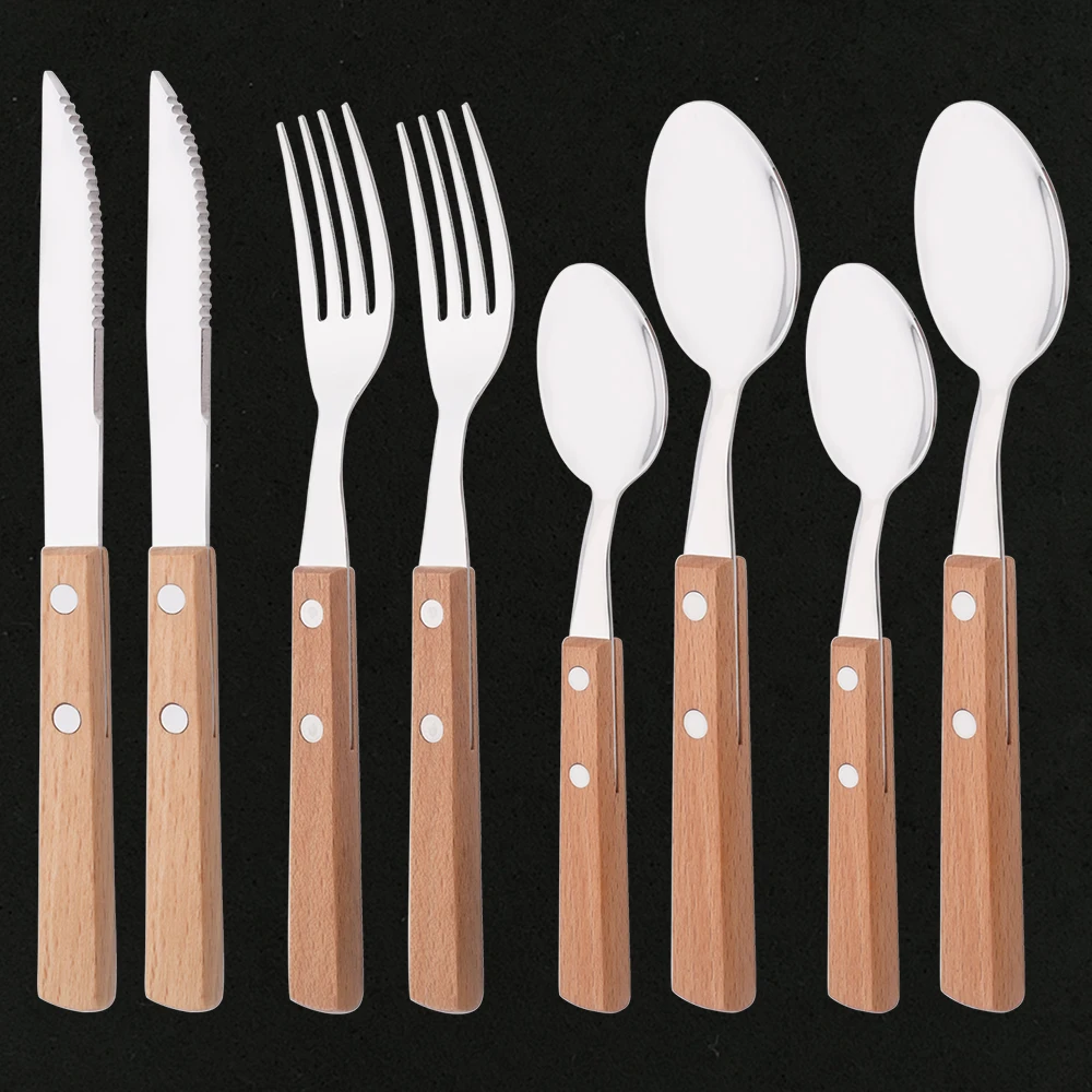 

8Pcs Mirror Stainless Steel Real Wood Handle Silverware Cutlery Portable Steak Knife Fork Tea Spoon Dinnerware Tableware Kitchen