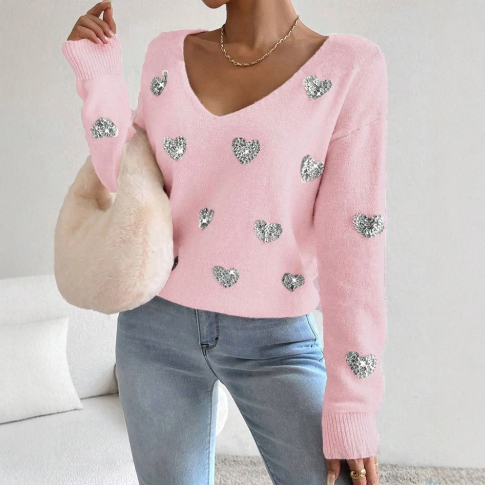 

Women's V-neck Pullover Sweater Embroidered Heart Design Shiny Sequins Valentine's Day Autumn Winter