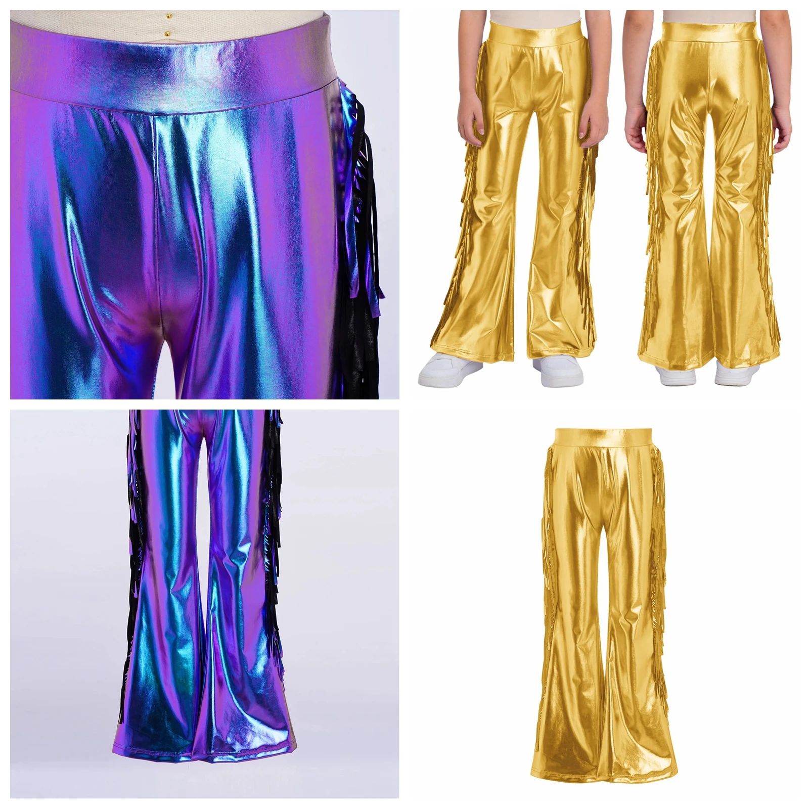 

Kids Girls Tassels Metallic Bell-Bottom Flared Pants Trousers Children's Jazz Disco Dance Pant Party Stage Performance Wear