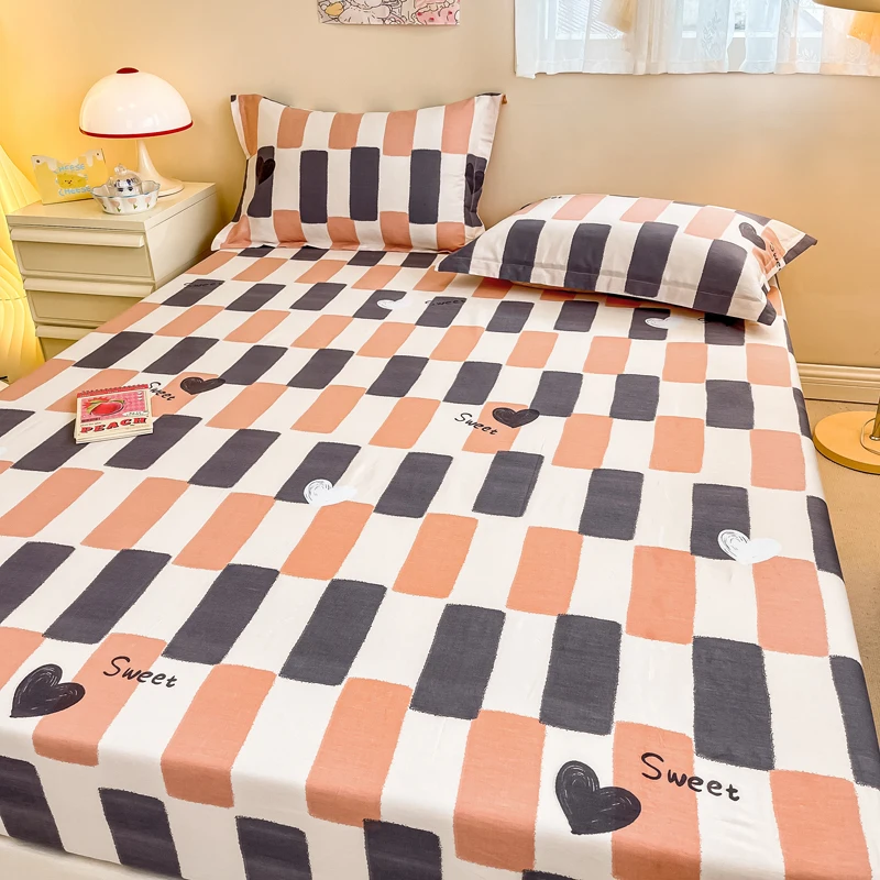 Set seprai pas geometris sederhana, 3 buah Set seprai katun seprai pas ramah kulit nyaman dicetak kamar tidur