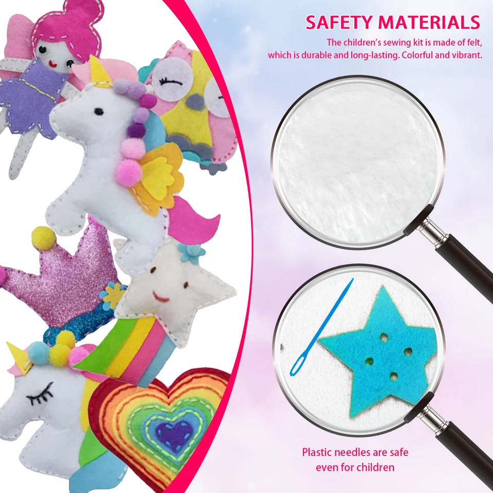 Muyohix Kit De Costura Para Niños – 14 Figuras De Fieltro Precortadas, Hilos De Colores, Agujas De Plástico Seguras, Tijeras Y Relleno, Ideal Para Principiantes De 4 A 10 Años, Regalo Creativo DIY