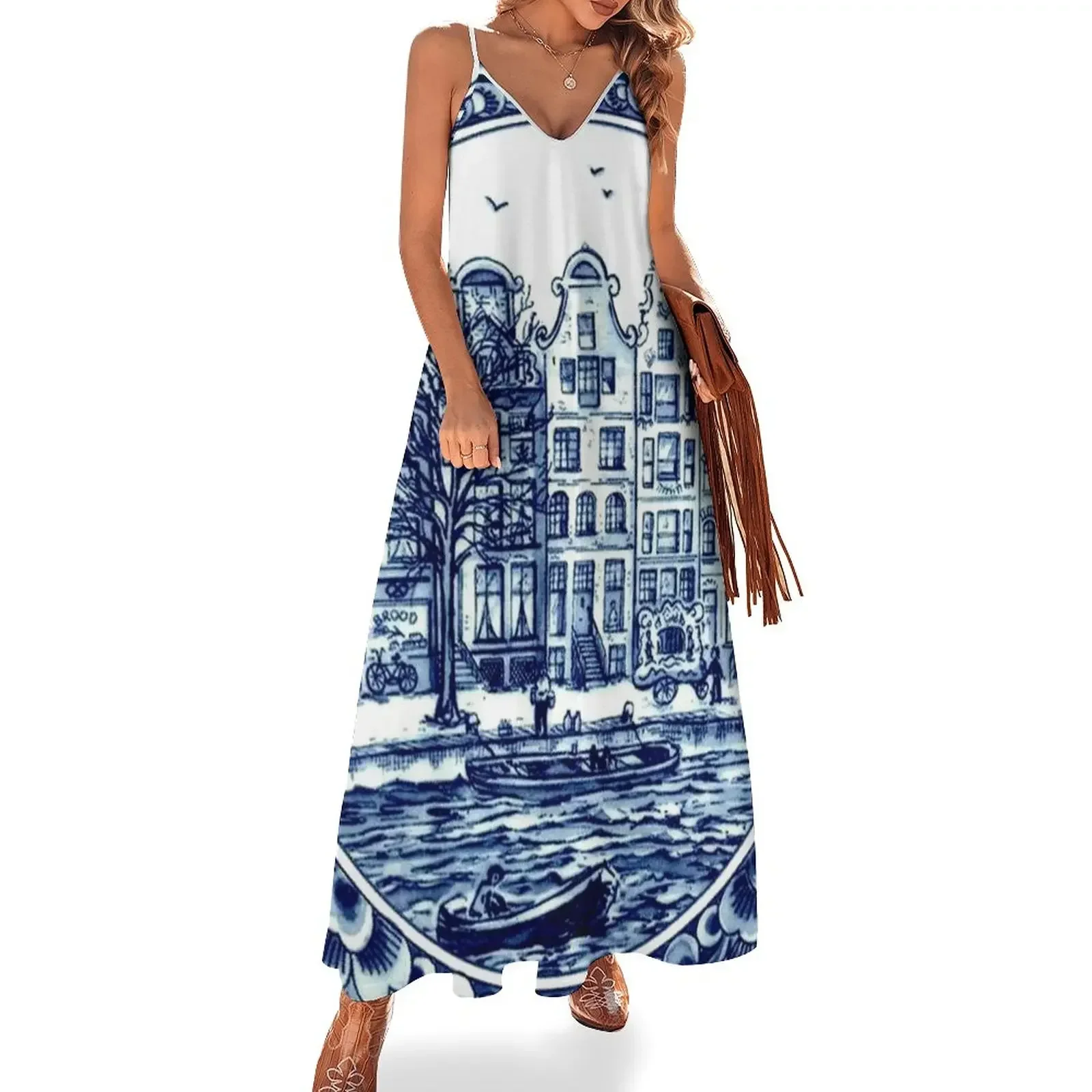 

DUTCH BLUE DELFT : Vintage Boats in Canal Amsterdam Print Sleeveless Dress womens clothing Evening gown Dress