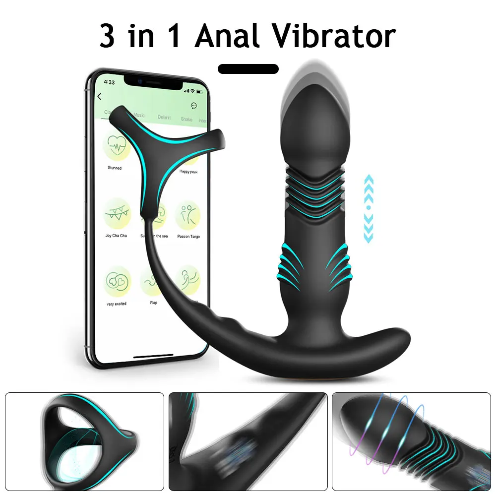 Male Thrusting Anal Plug Vibrators APP Bluetooth Wireless Control Prostate Massager 3 IN 1 Delayed Cock Ring Sex Toys for Men 18