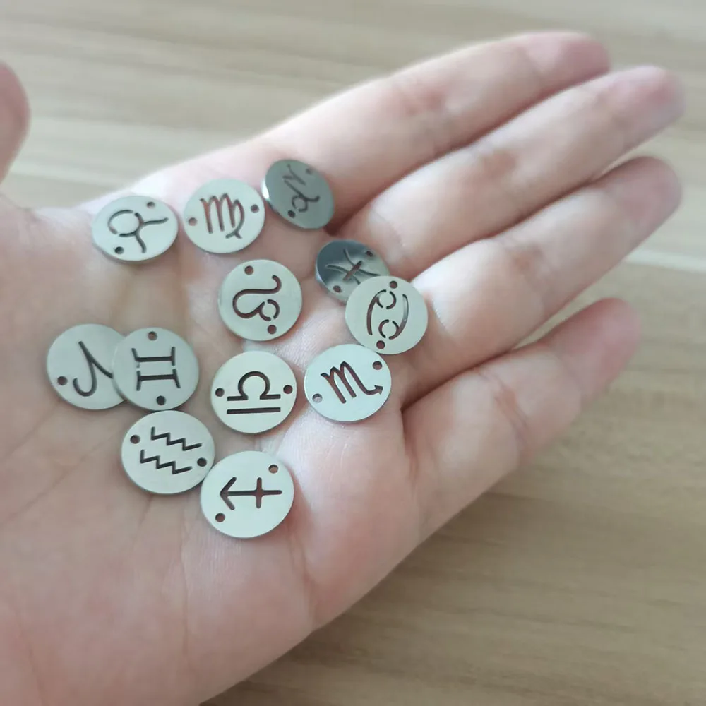 

120pcs/lot Stainless Steel 12mm Round Twelve Constellations Pendants Total 10sets, 10pcs Per Sign DIY Zodiac Charm Jewelry