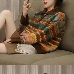 All-match High-neck Contrast Color Autumn Winter Button Long Sleeve Geometric Pullover Sweater Knitted Women's Clothing Tops