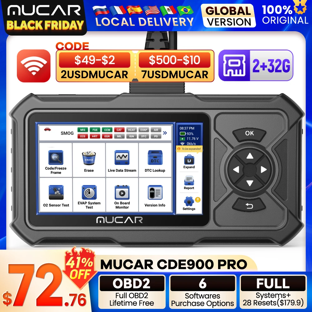 MUCAR CDE900 PRO OBD2 진단 도구, ECM TCM ABS SRS 자동차 스캐너, 자동차 코드 리더, OBD 2 스캐너, 4 시스템 진단 