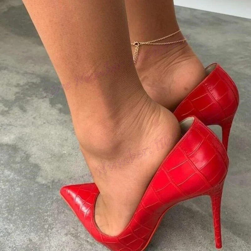 Zapatos de tacón alto con punta estrecha Para mujer, calzado de piel de cocodrilo roja, Sexy, Para fiesta, 2024