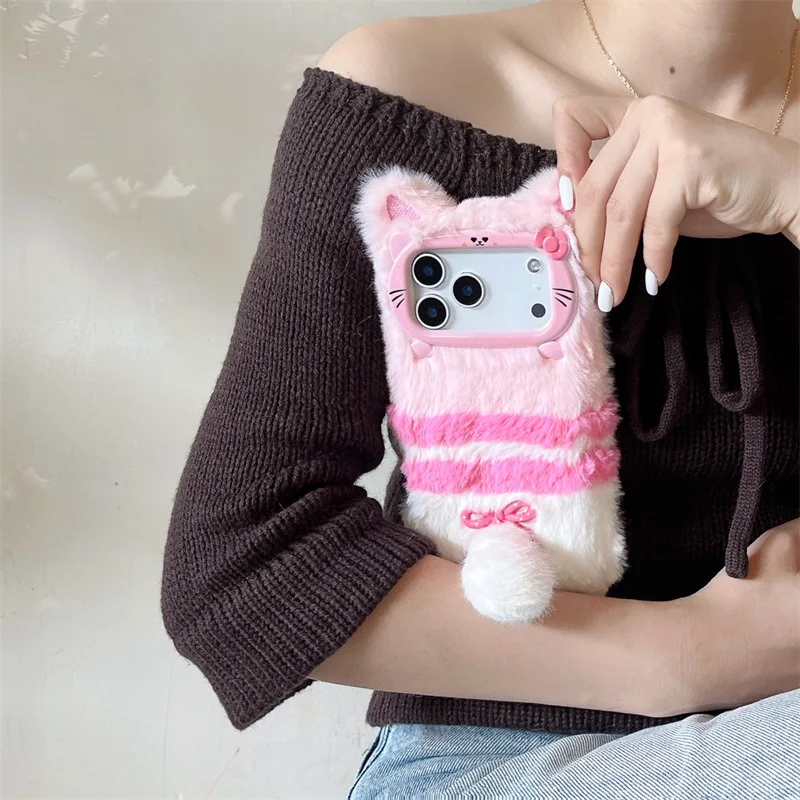 Cute Cartoon Cat Bowknot Warm Furry Fur Plush Phone Case for iPhone 17 Air 16 15 14 13 12 11 Pro Max Shockproof Protective Cover