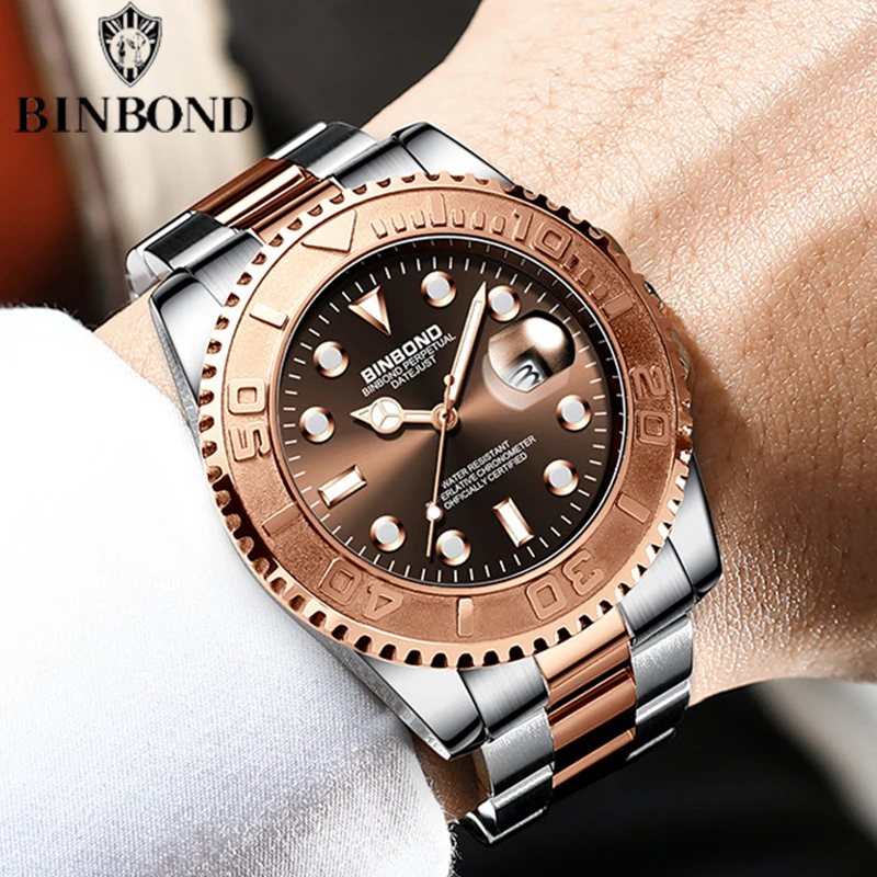 BINBOND Fashion Ultra-Thin Brand Men Watch Gold Green Water Ghost Series Luminous Waterproof Stainless Steel Sports Men Watch