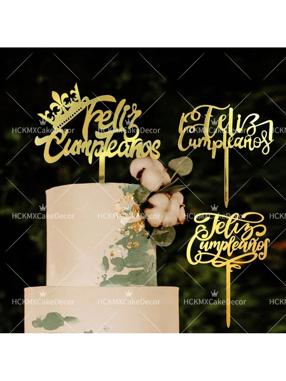 3er/6er-Set Tortenaufsatz aus Gold-Acryl mit Spanischem 'Happy Birthday' Schriftzug für Geburtstagsfeiern und Cupcake-Dekoration – Detail 1