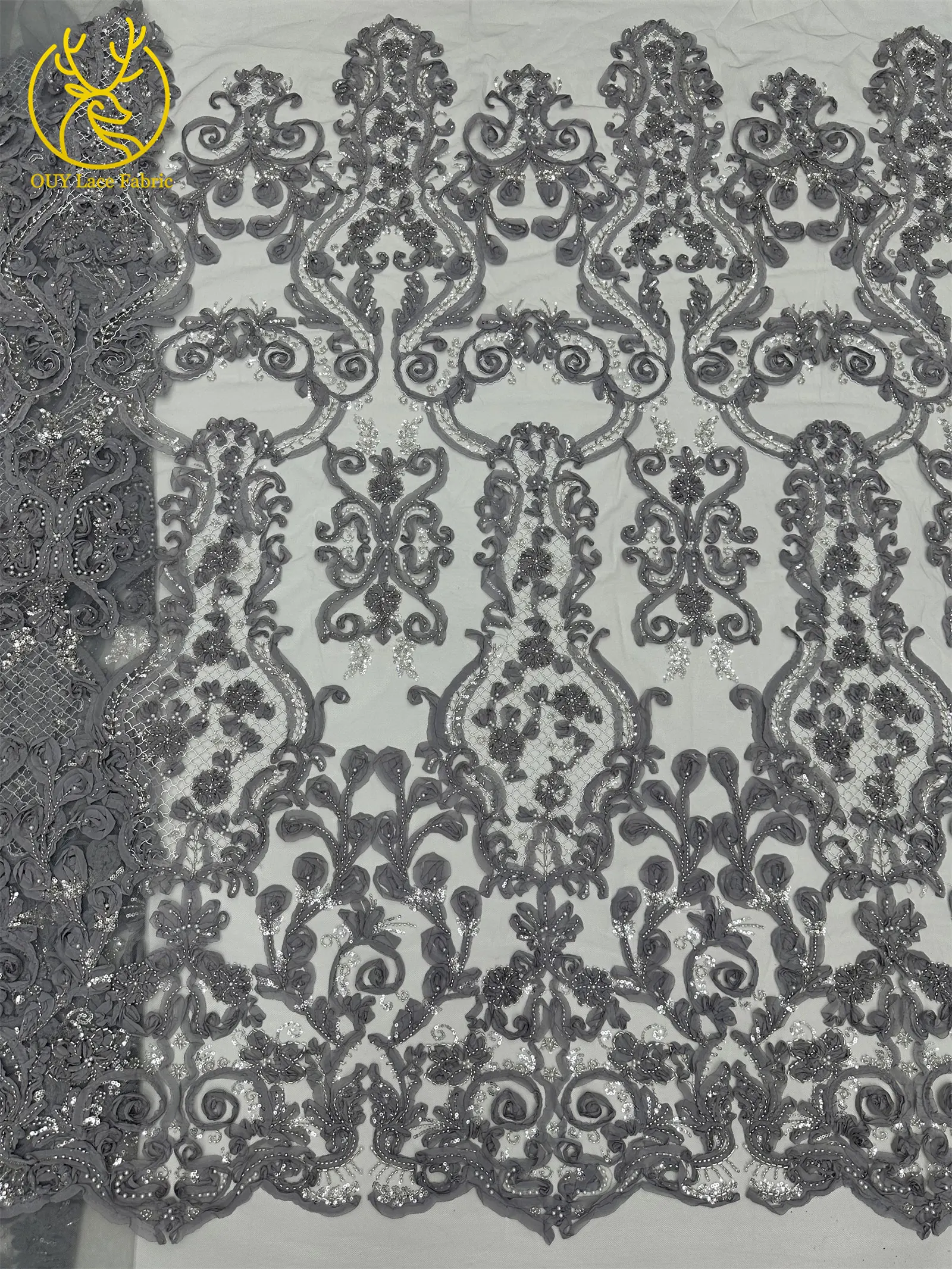 3D Afrikanischer Perlen-Spitzenstoff Schwarz Rot Luxuriöser Hochwertiger Französischer Pailletten-Tüll für Damen Abendkleid DIY Nähen 5 Yards – Detail 27
