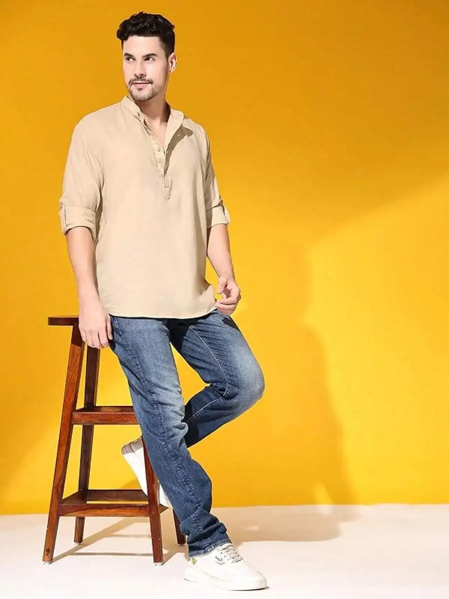 Mens Cotton Linen Kurta Shirt Long Sleeve Henley Mandarin Collar Roll-Up Casual Tunic
