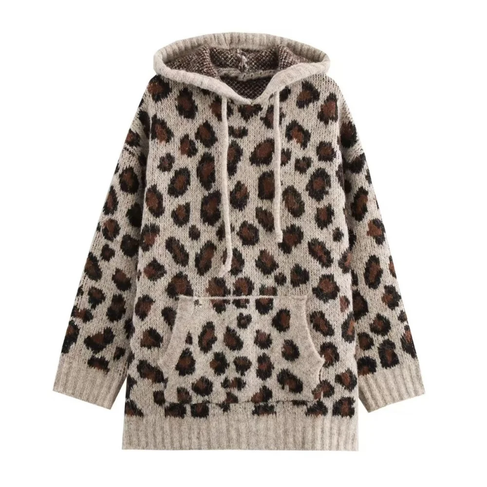 Women's lazy style leopard print jacquard long sleeved knitted sweatshirt hooded autumn and winter new casual loose jacket