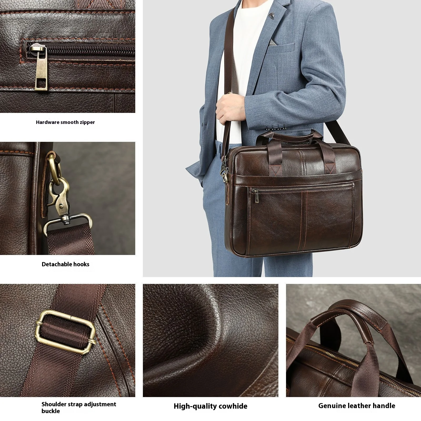 Borsa a tracolla per laptop da 15 pollici in vera pelle per uomo, valigetta a tracolla da viaggio d'affari di grande capacità