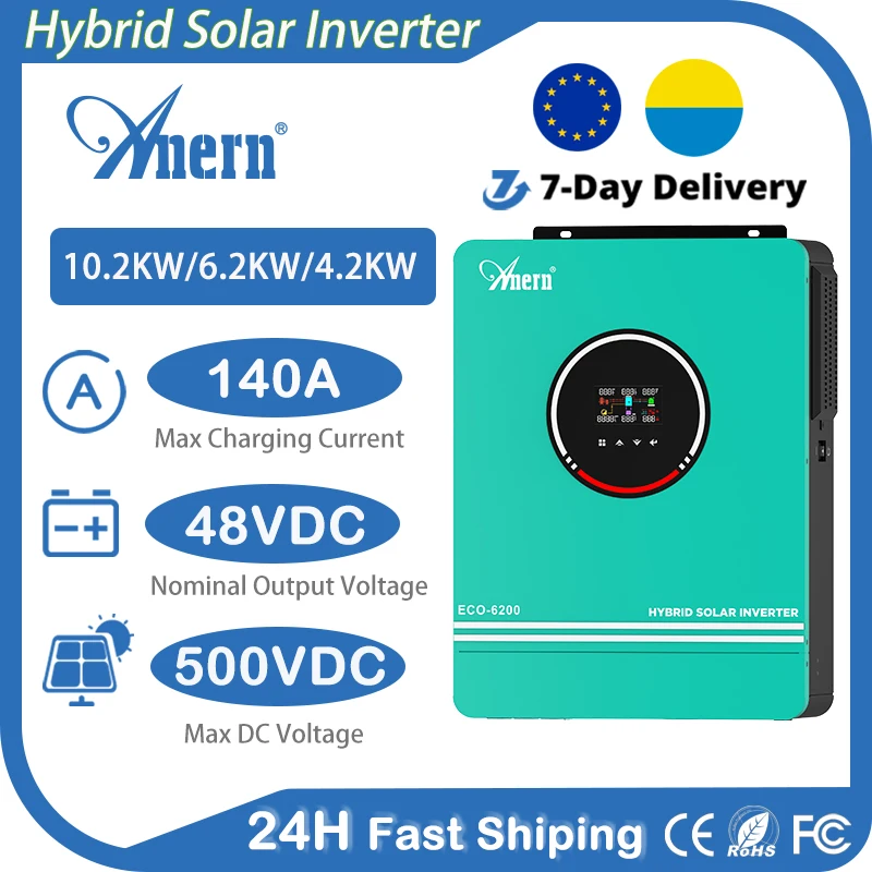 Anern Hybrid Solar Inverter 10.2KW 6.2KW 4.2KW 24/48V 220V With MPPT 140A Charger Controller Dual AC Output Pure Sine Wave