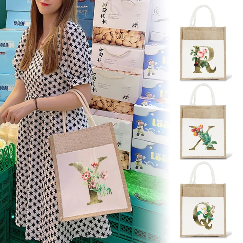 

Leisure Grocery Bags Vintage Shoulder Bag Reusable Linen Handbag Lightweight Simplicity Shopping Bag Golden Flower Series