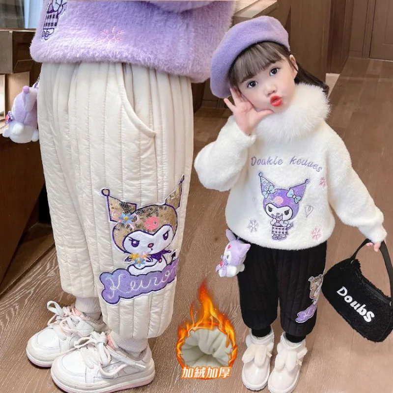 Kuromi Sanrios Cotton Pants Girl Winter Thicken Wear Outside Child Pants Anime Figure Third Floor Quilted Velvet Keep Warm