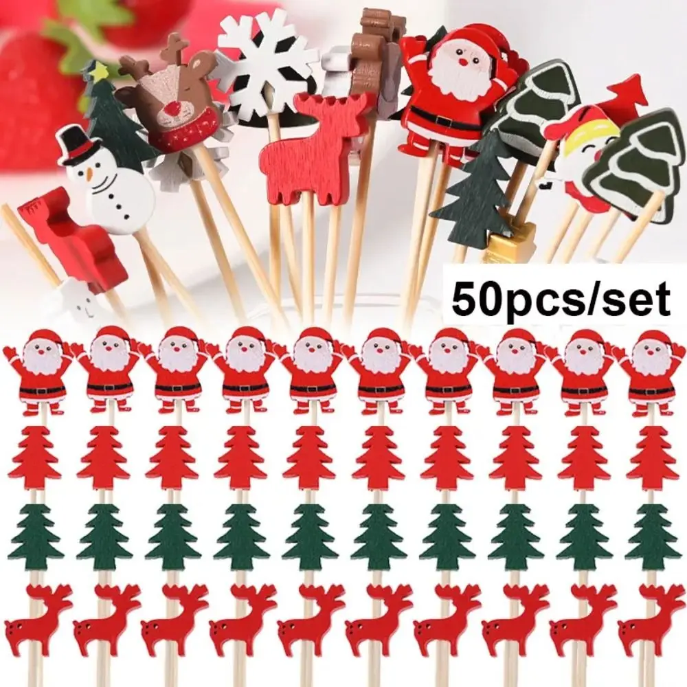 50Pcs Christmas Bamboo Food Picks Toothpicks Santa Dessert Buffet Fruit Salad Christmas Decoration New Year Xmas Party Supplies