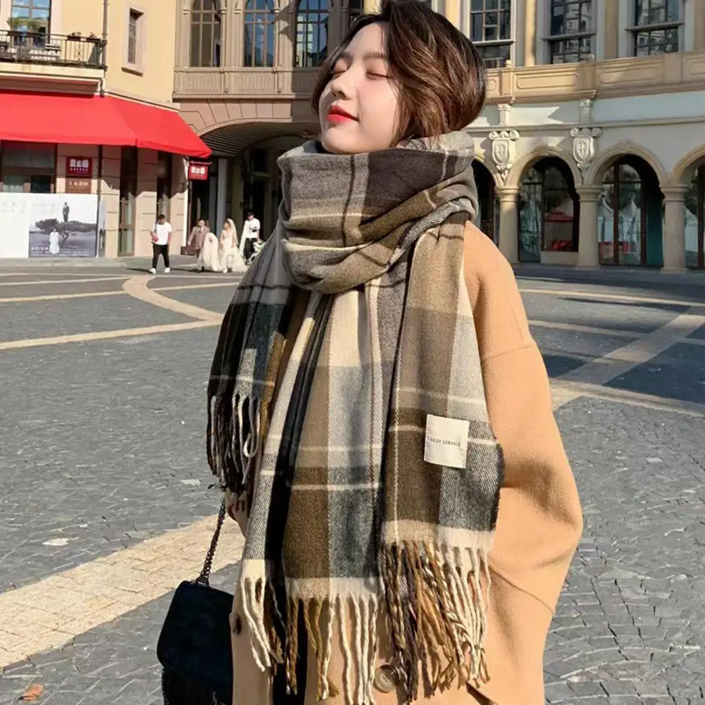 Wear Scarf Winter Scarf with Tassel Stylish Plaid Print Warm Windproof Lady Neck Wrap Shawl for Cold Weather Colored Scarf