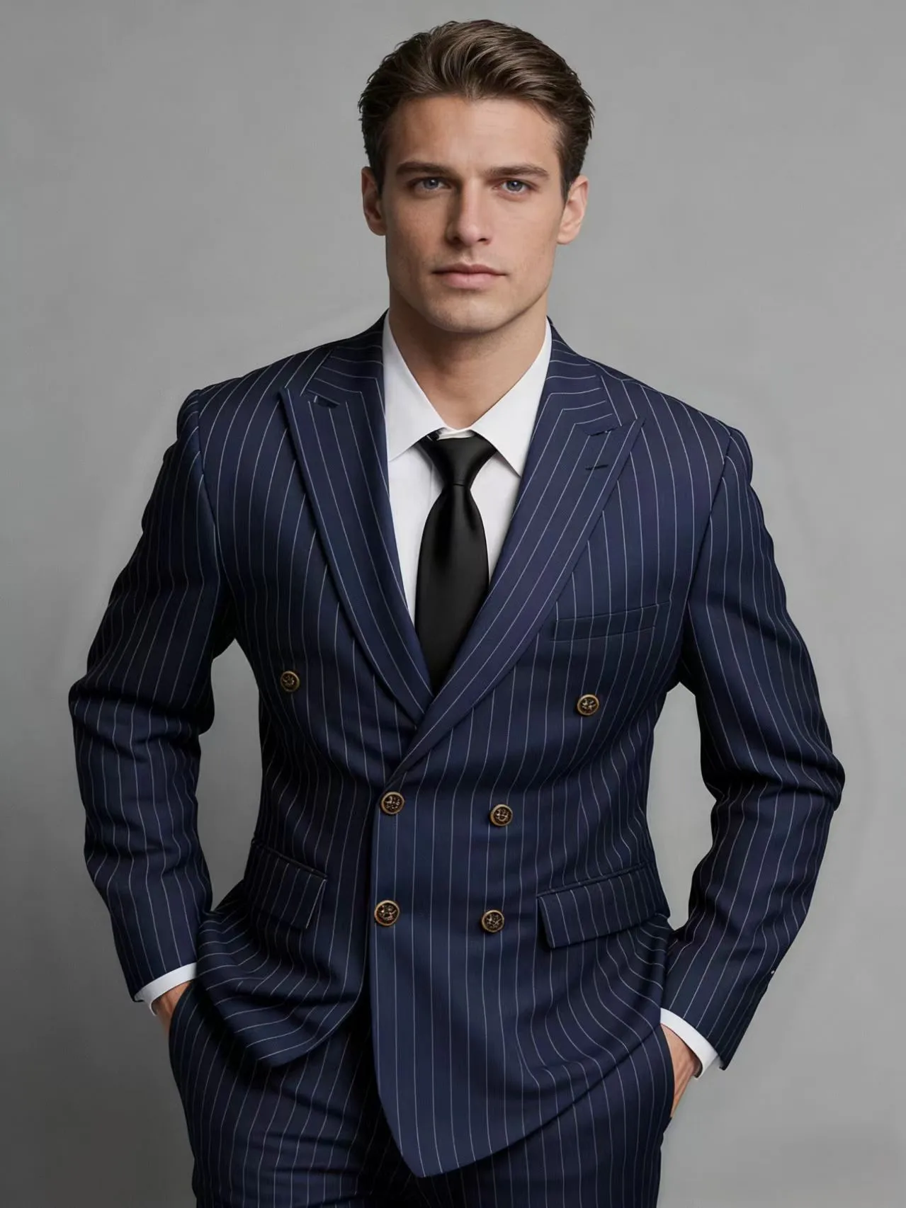 

Новый мужской двубортный костюм-двойка в полоску темно-синего цвета 2026 года | Элегантный костюм Slim Fit для свадьбы, деловых встреч и вечеринок | Элегантный брючный костюм-двойка