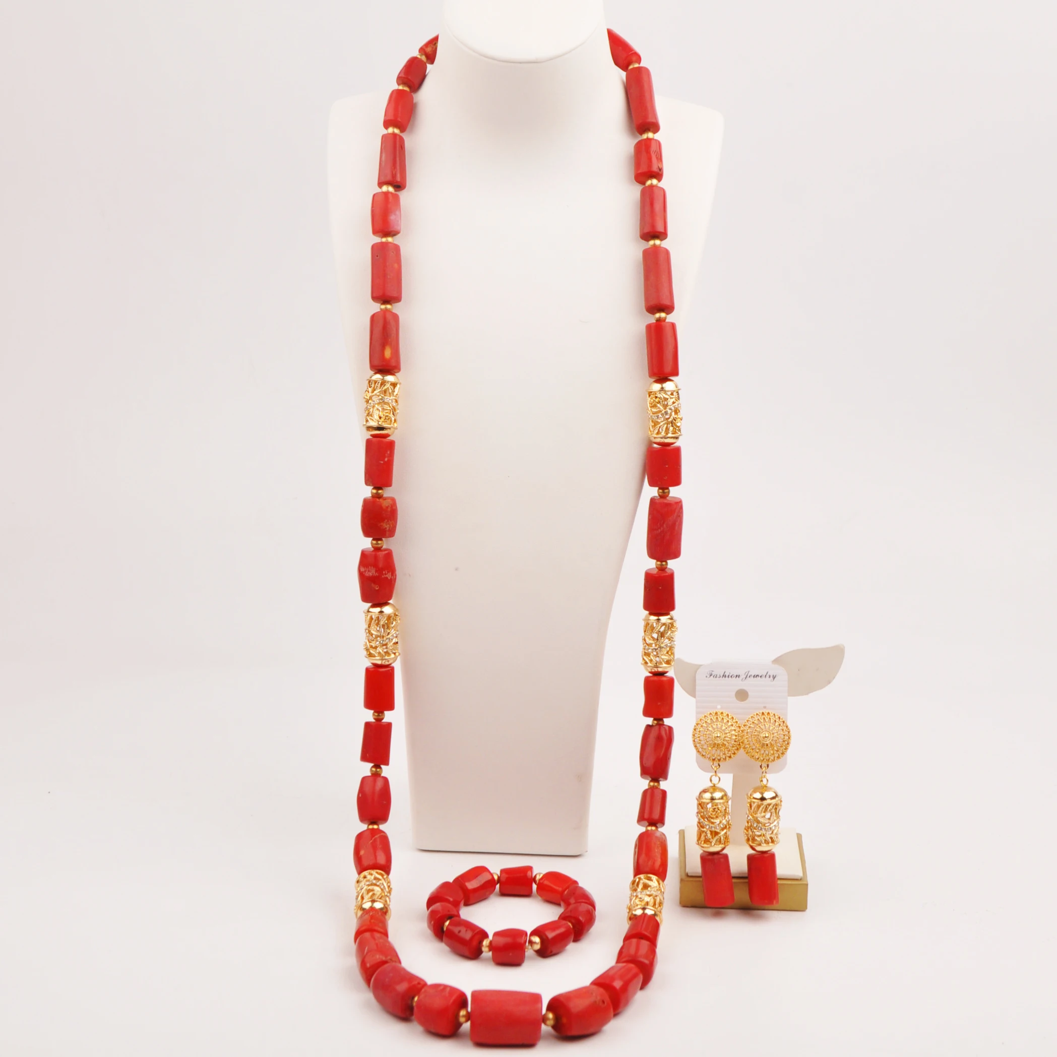 

Fashion Nigerian Wedding Original Red Coral Bead Necklace Groom Jewelry Sets