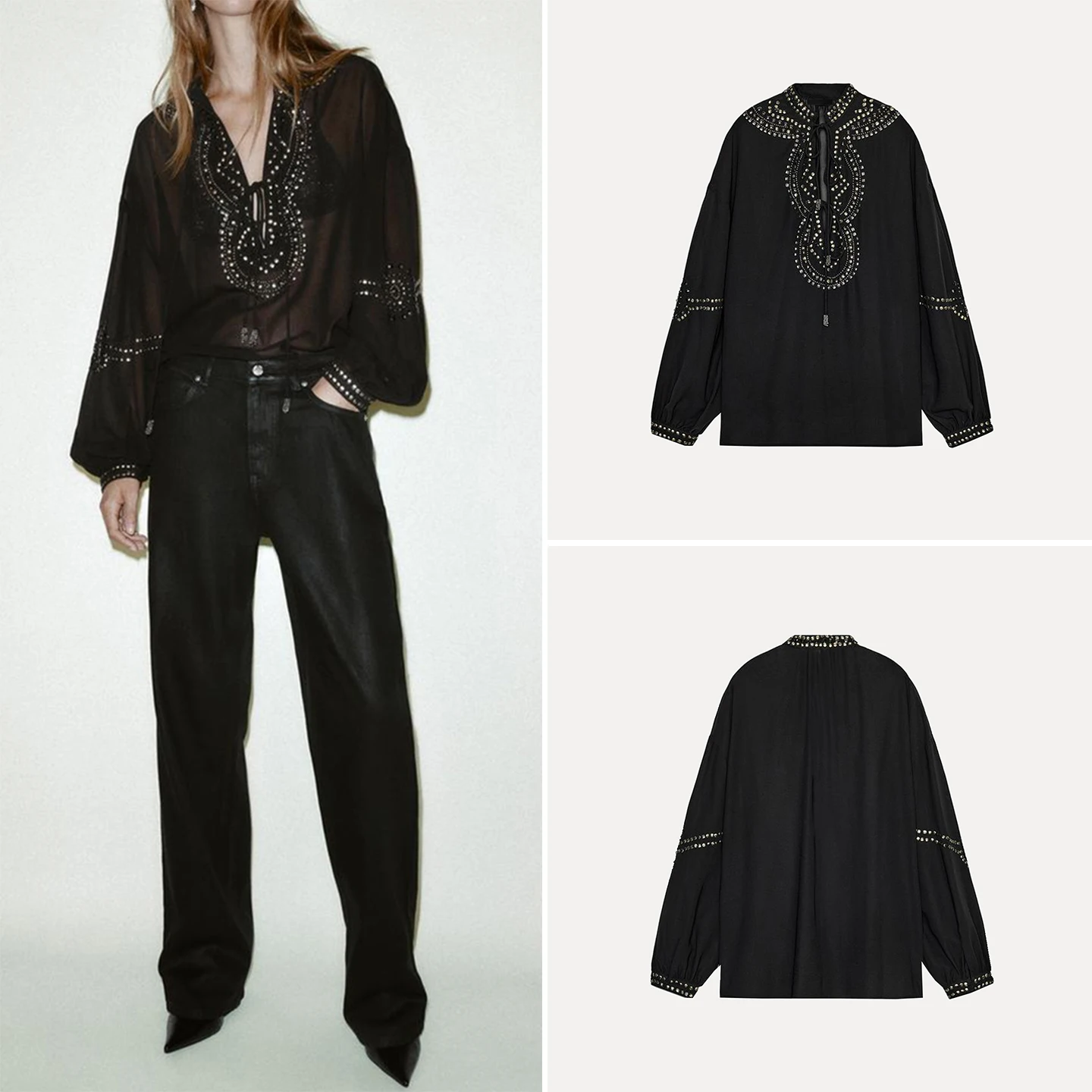 Fashionable Long Sleeve Translucent Shirt Women's Spring 2026 New Arrival Beaded Stand Collar Loose Fit Embroidered Top