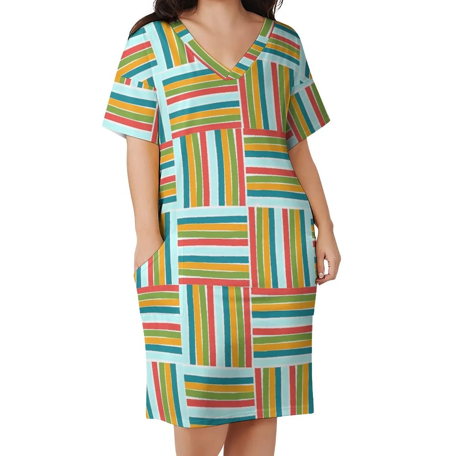 Color Block Casual Dress Summer Colorful Stripes Modern Dresses Women V Neck Pattern Street Wear Dress Big Size 5XL