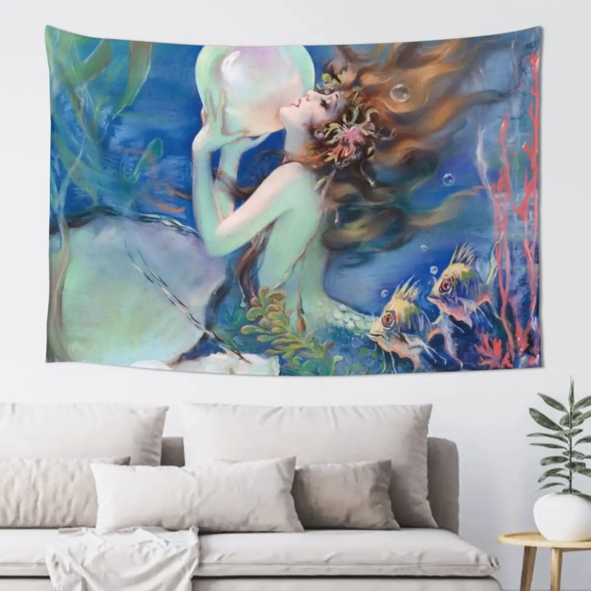 

Vintage Mermaid painting, mythological being Tapestry Aesthetic Room Decor Korean Outdoor Decor Tapestry