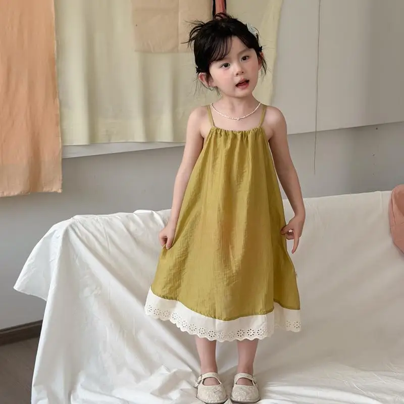 2026 Summer New Girls Sleeveless Sling Dress Children Vest Dress Cute Baby Girl Lace Holiday Dress Cotton Kids Clothes